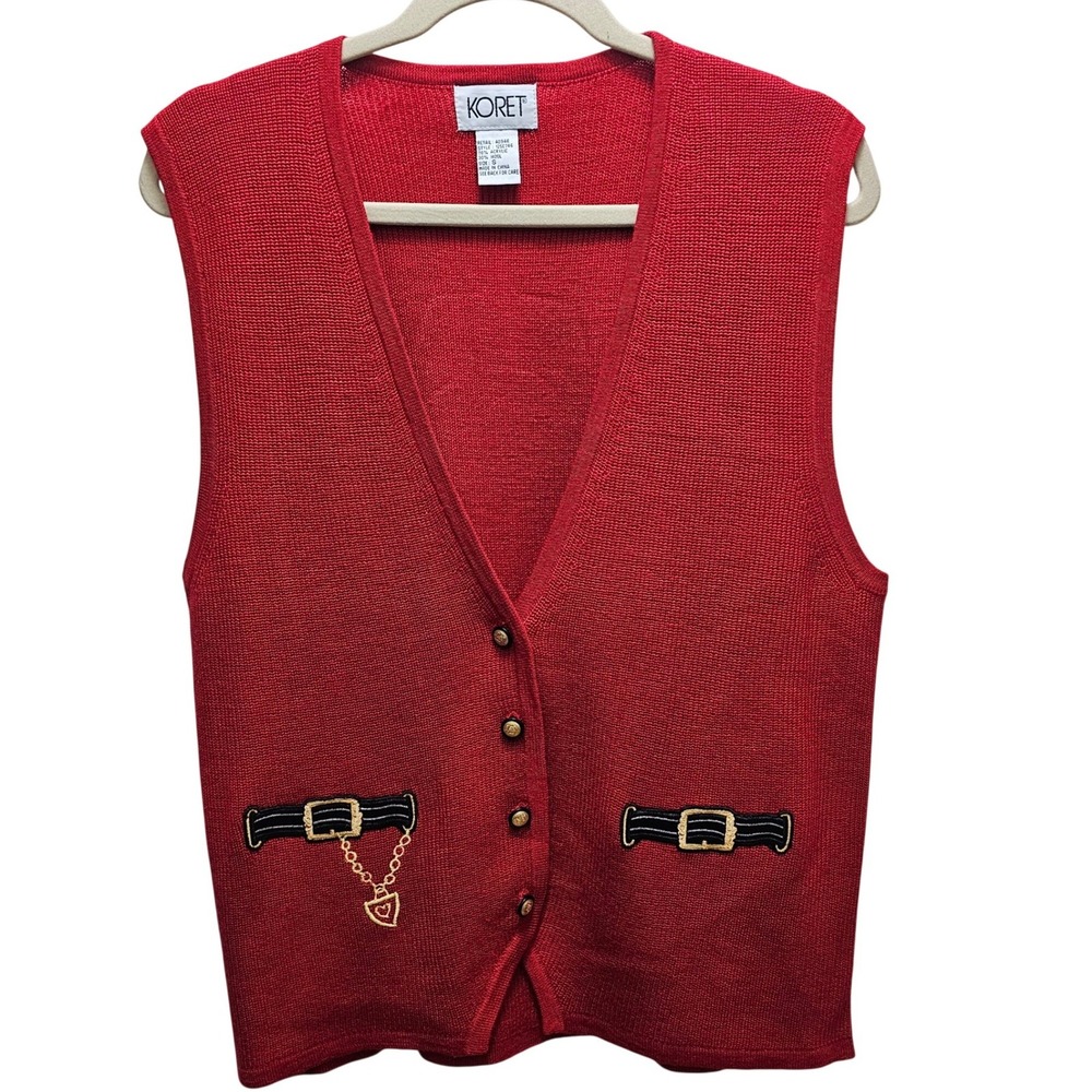 Koret Sweater Vest S Red Wool Blend Embroidered Belt Preppy Equestrian Retro